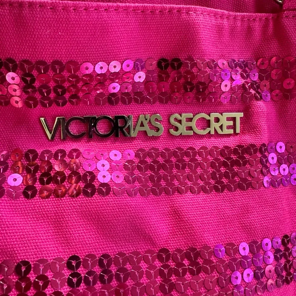 NWT Victoria's Secret HOT Pink Canvas Tote Bag Carry All Sequins - Picture 2 of 5